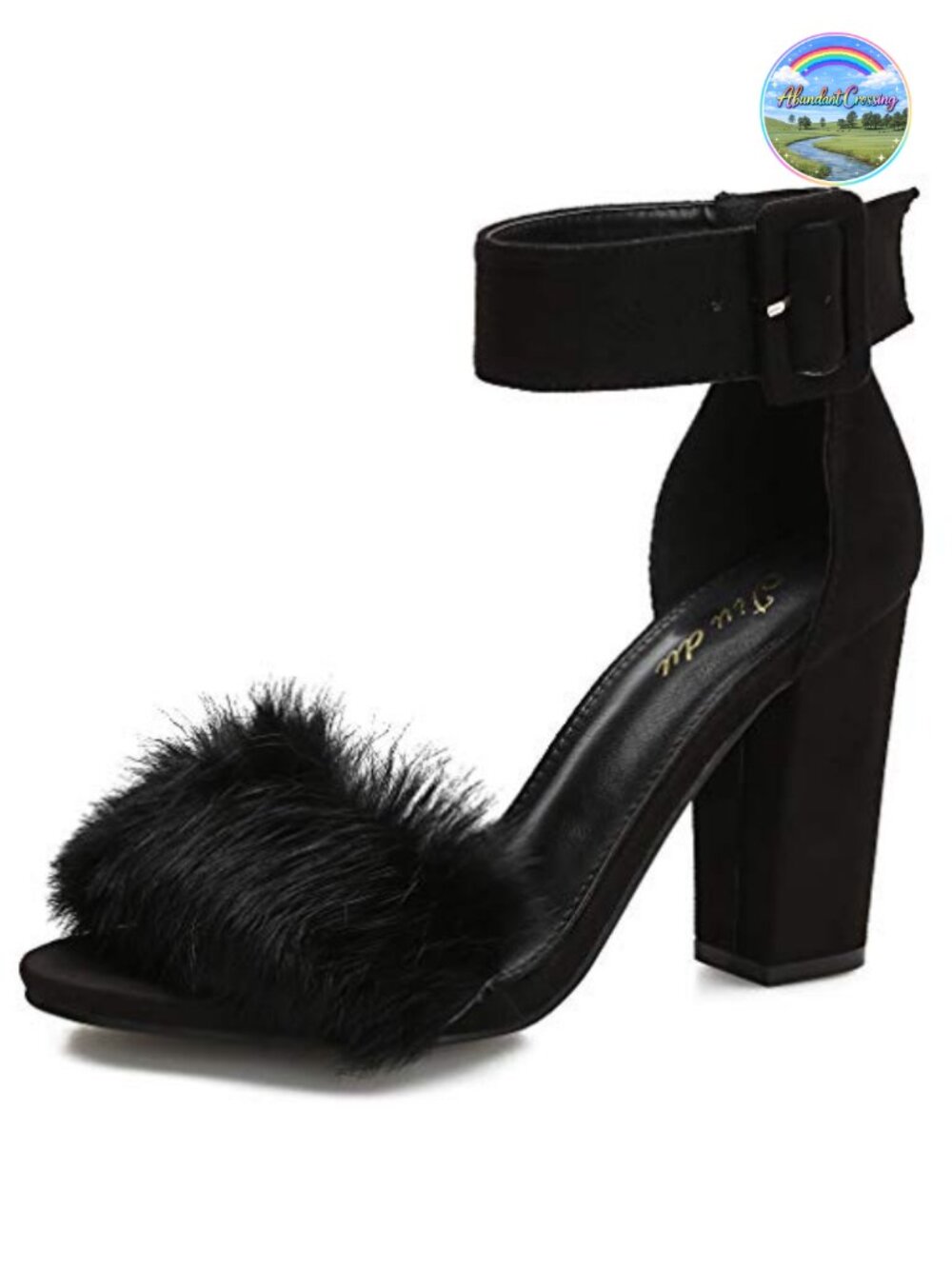 Faux Fur Block Heel Ankle Strap Open Toe Sandals Fringe Peep Toe Heels